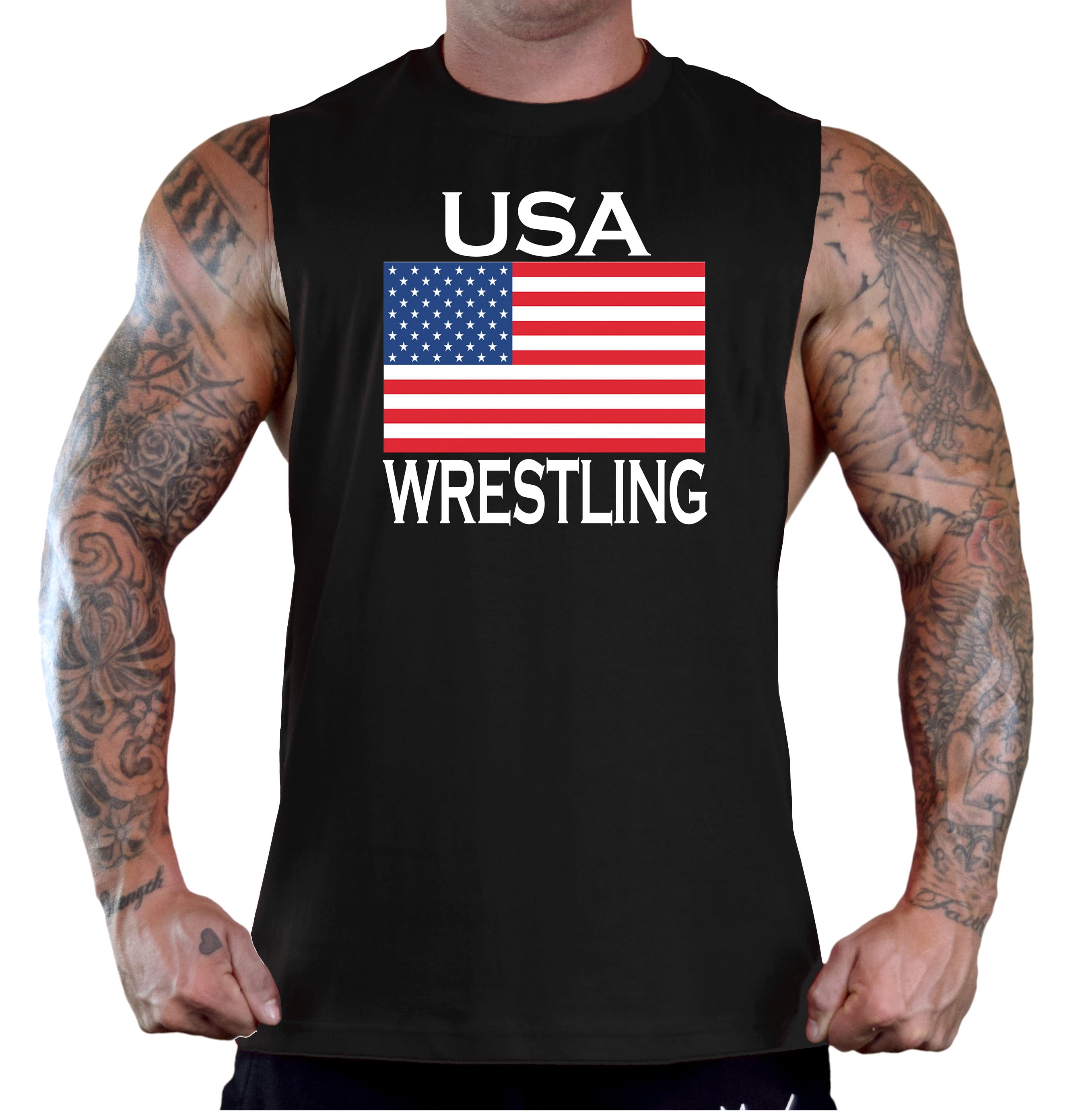 Men's Wrestling American Flag Red T-Shirt Tank Top Bodybuilding MMA  Fighting USA | eBay